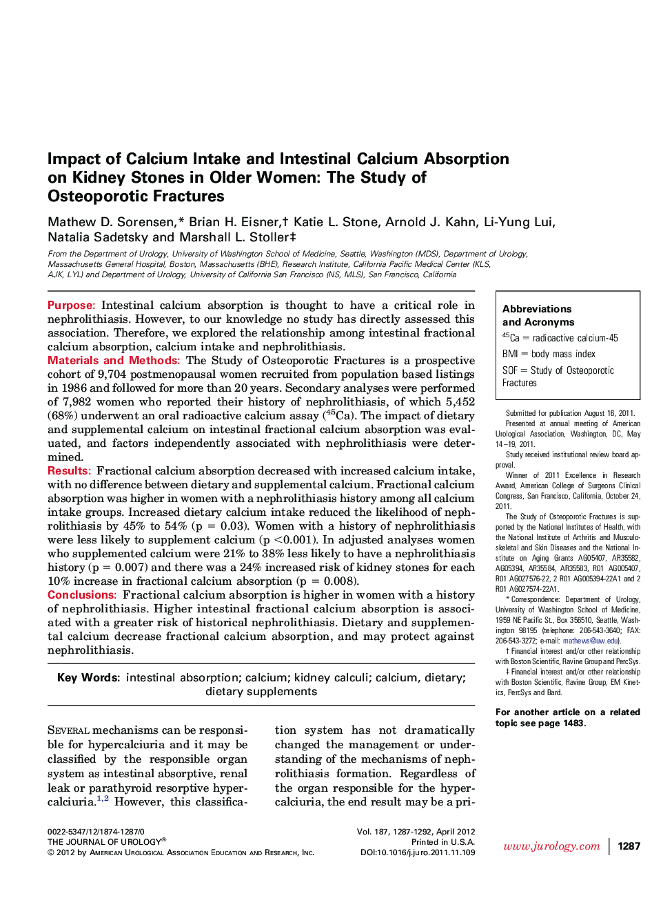 Impact of Calcium Intake and Intestinal Calcium Absorption on Kidney Stones in Older Women: The Study of Osteoporotic Fractures 