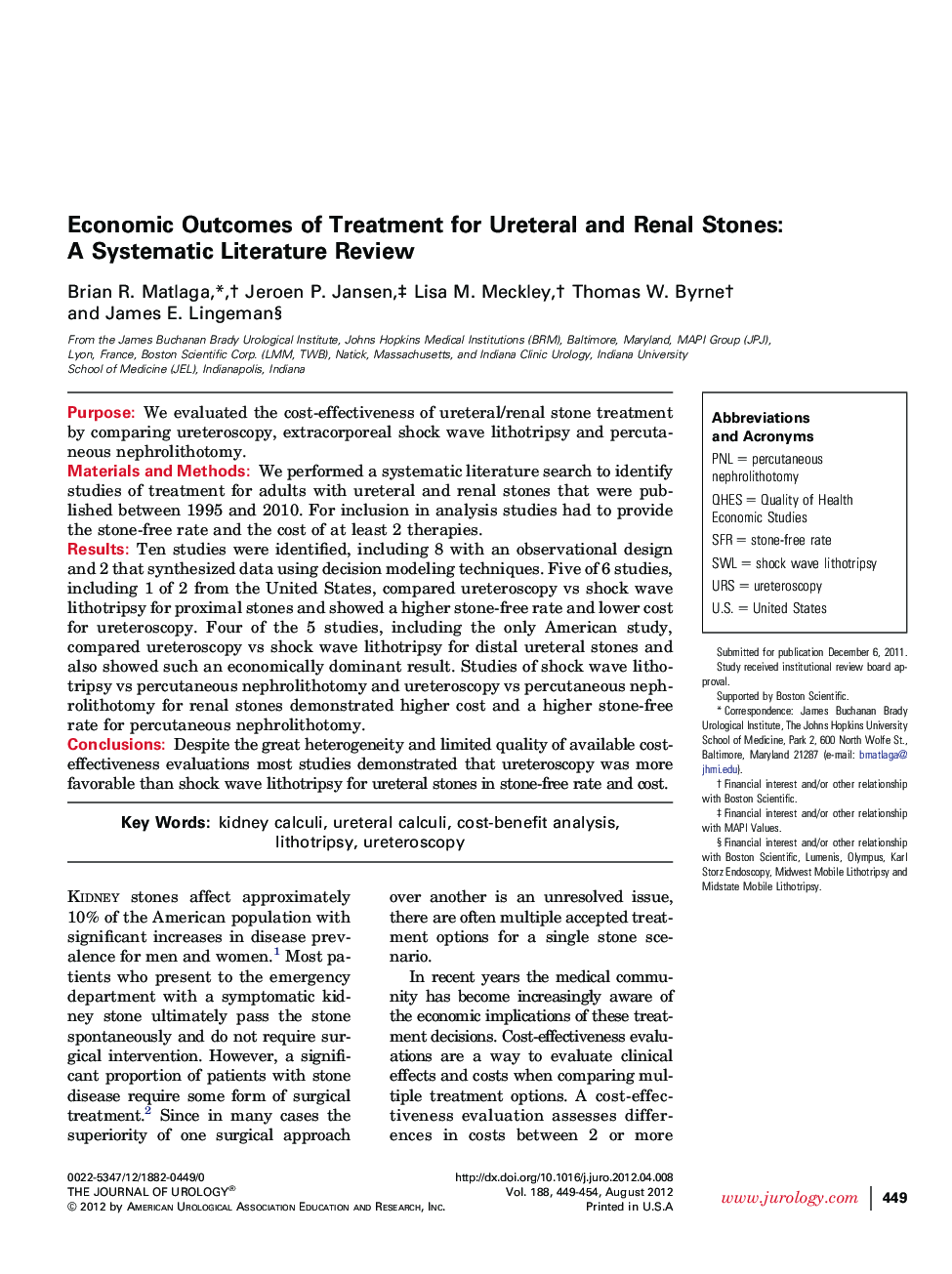 Economic Outcomes of Treatment for Ureteral and Renal Stones: A Systematic Literature Review