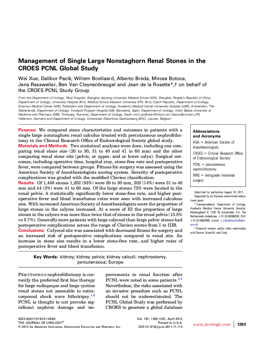 Management of Single Large Nonstaghorn Renal Stones in the CROES PCNL Global Study 