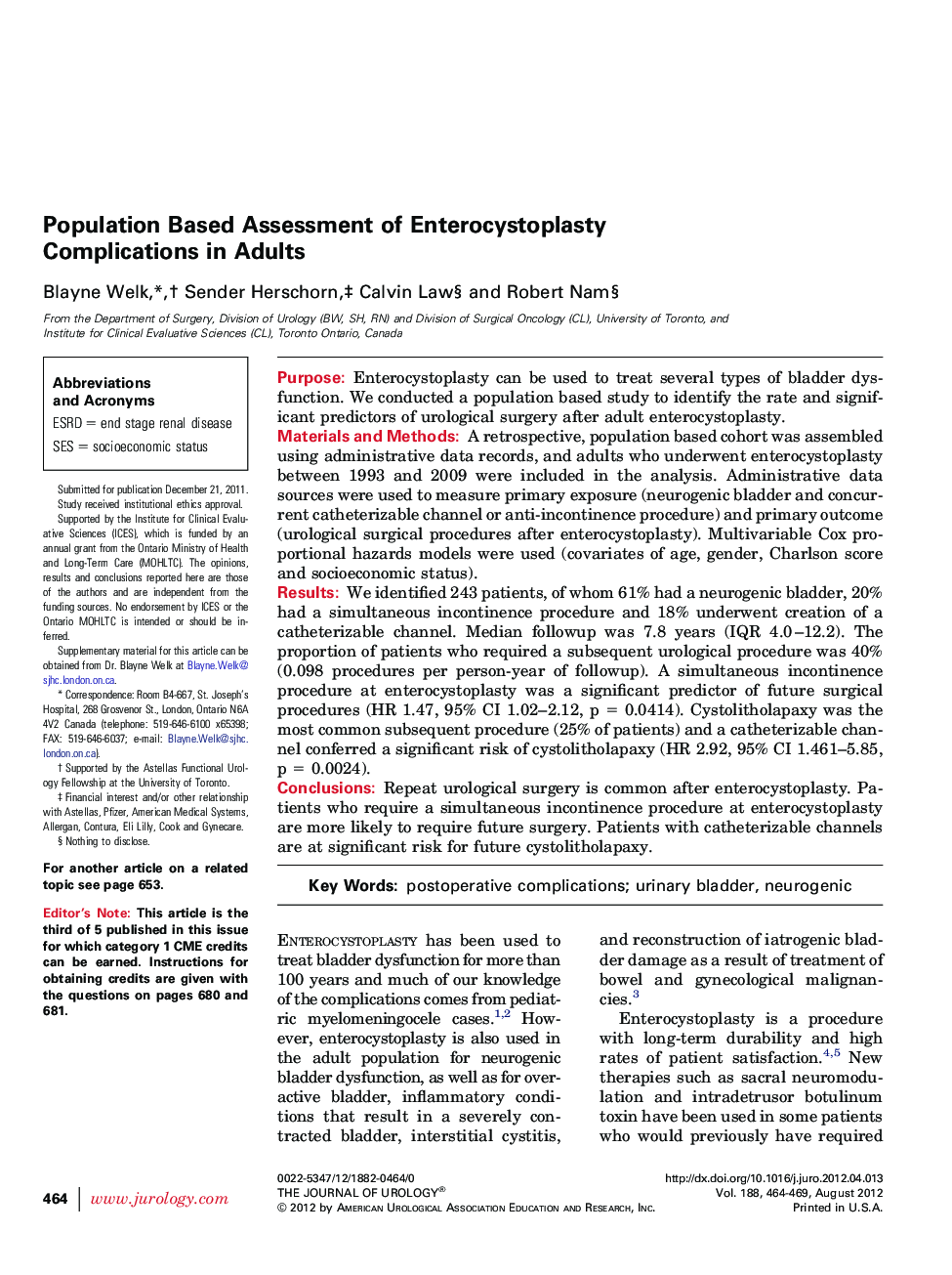 Population Based Assessment of Enterocystoplasty Complications in Adults 