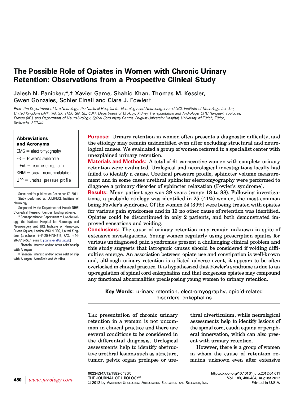 The Possible Role of Opiates in Women with Chronic Urinary Retention: Observations from a Prospective Clinical Study 