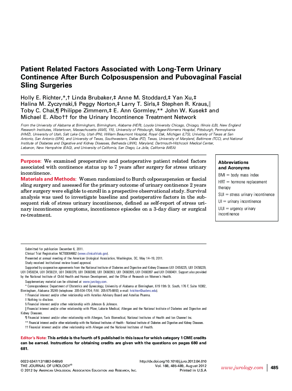 Patient Related Factors Associated with Long-Term Urinary Continence After Burch Colposuspension and Pubovaginal Fascial Sling Surgeries 