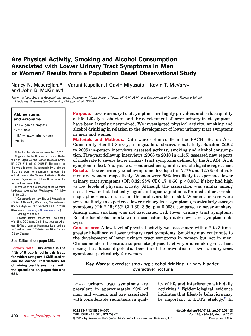 Are Physical Activity, Smoking and Alcohol Consumption Associated with Lower Urinary Tract Symptoms in Men or Women? Results from a Population Based Observational Study 