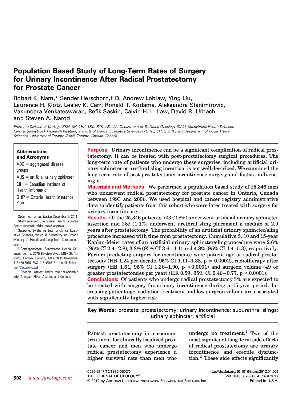 Population Based Study of Long-Term Rates of Surgery for Urinary Incontinence After Radical Prostatectomy for Prostate Cancer 