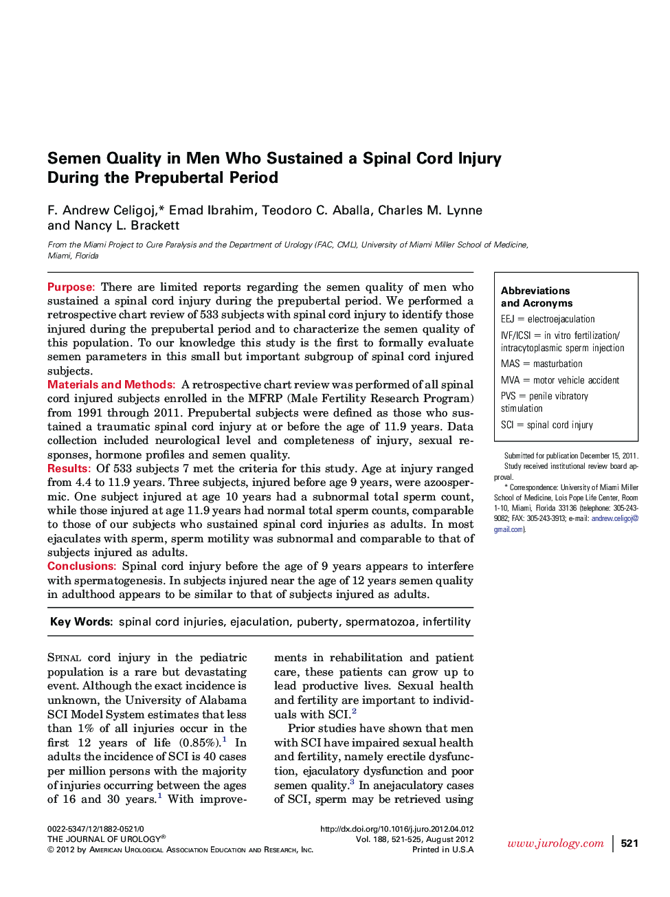 Semen Quality in Men Who Sustained a Spinal Cord Injury During the Prepubertal Period 