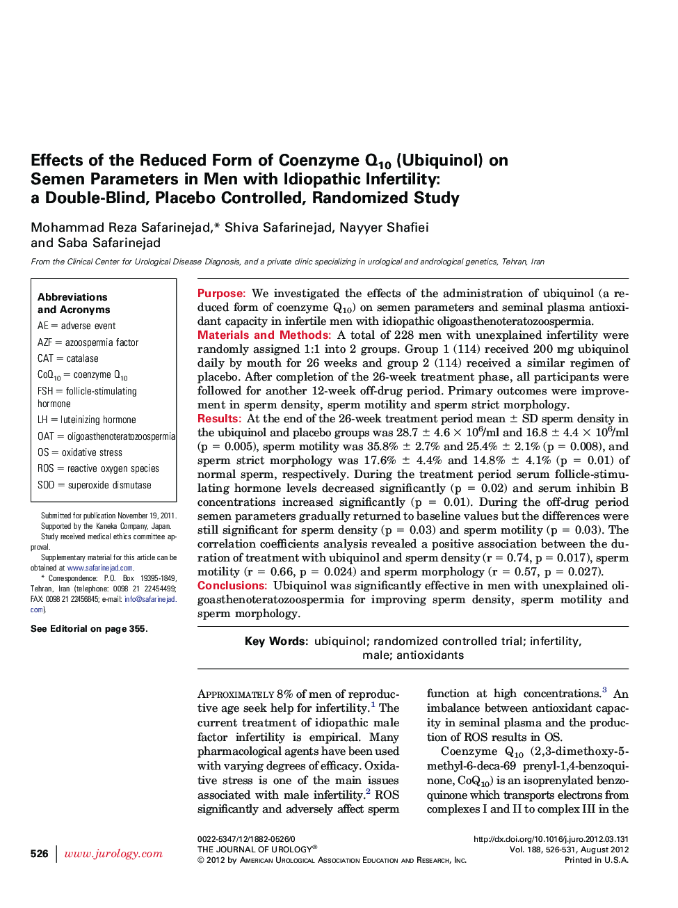 Effects of the Reduced Form of Coenzyme Q10 (Ubiquinol) on Semen Parameters in Men with Idiopathic Infertility: a Double-Blind, Placebo Controlled, Randomized Study 