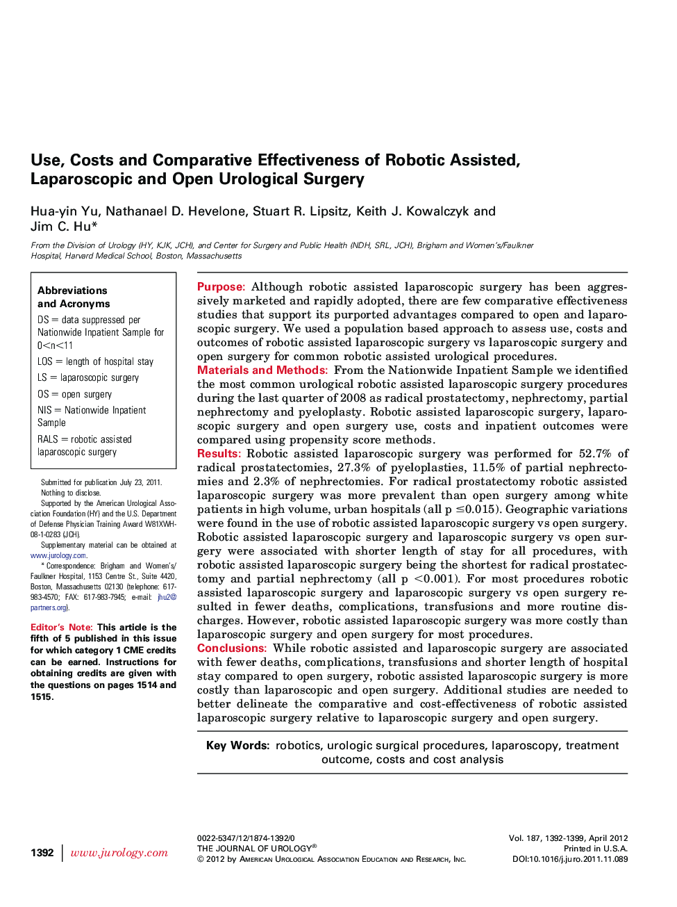 Use, Costs and Comparative Effectiveness of Robotic Assisted, Laparoscopic and Open Urological Surgery 