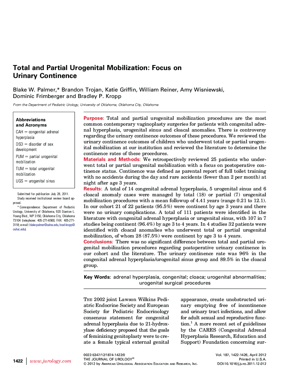 Total and Partial Urogenital Mobilization: Focus on Urinary Continence 