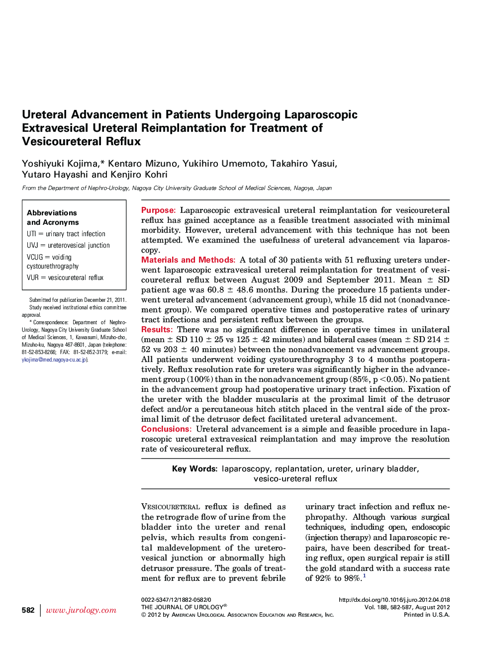 Ureteral Advancement in Patients Undergoing Laparoscopic Extravesical Ureteral Reimplantation for Treatment of Vesicoureteral Reflux 