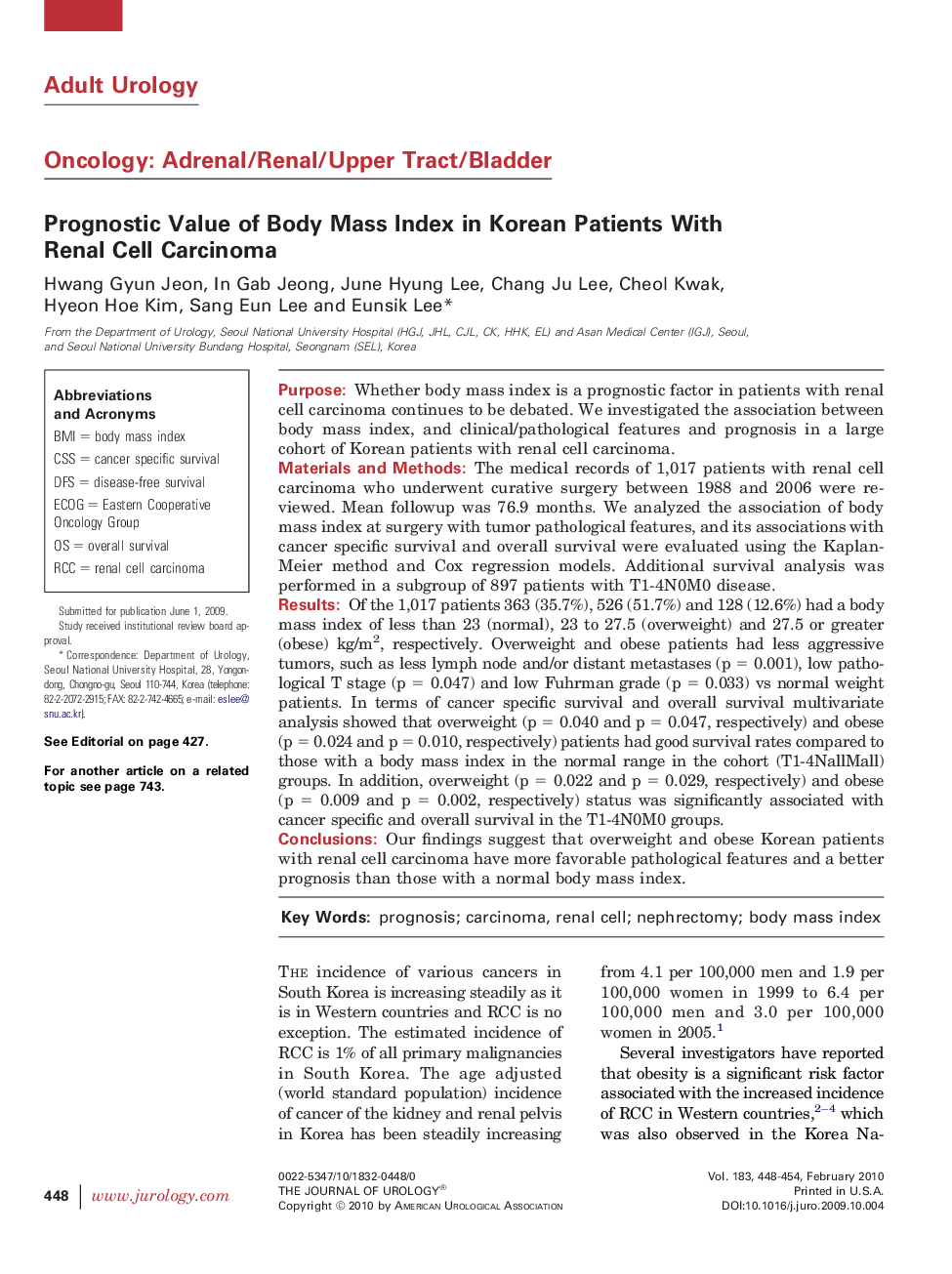 Prognostic Value of Body Mass Index in Korean Patients With Renal Cell Carcinoma 