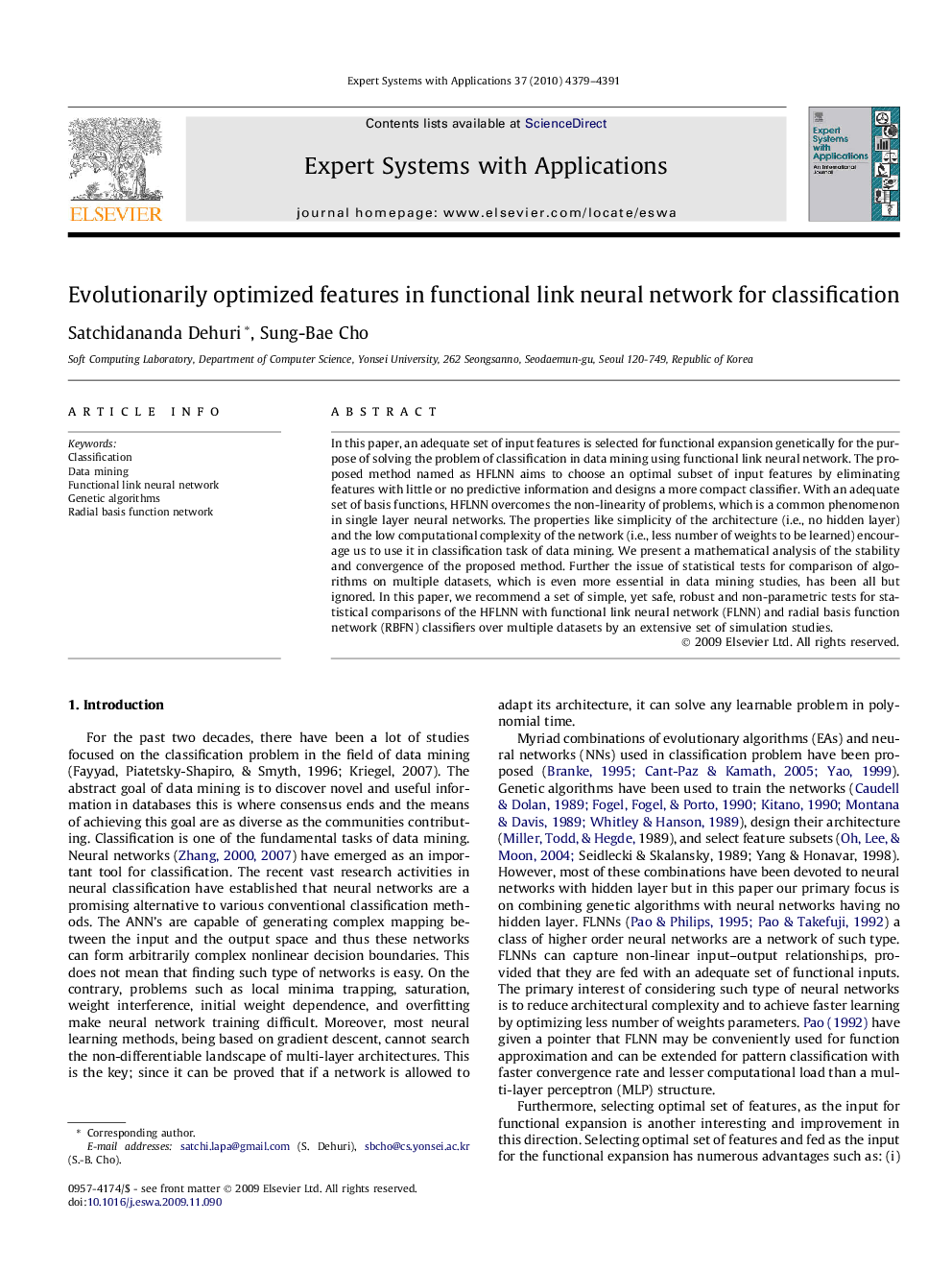 Evolutionarily optimized features in functional link neural network for classification