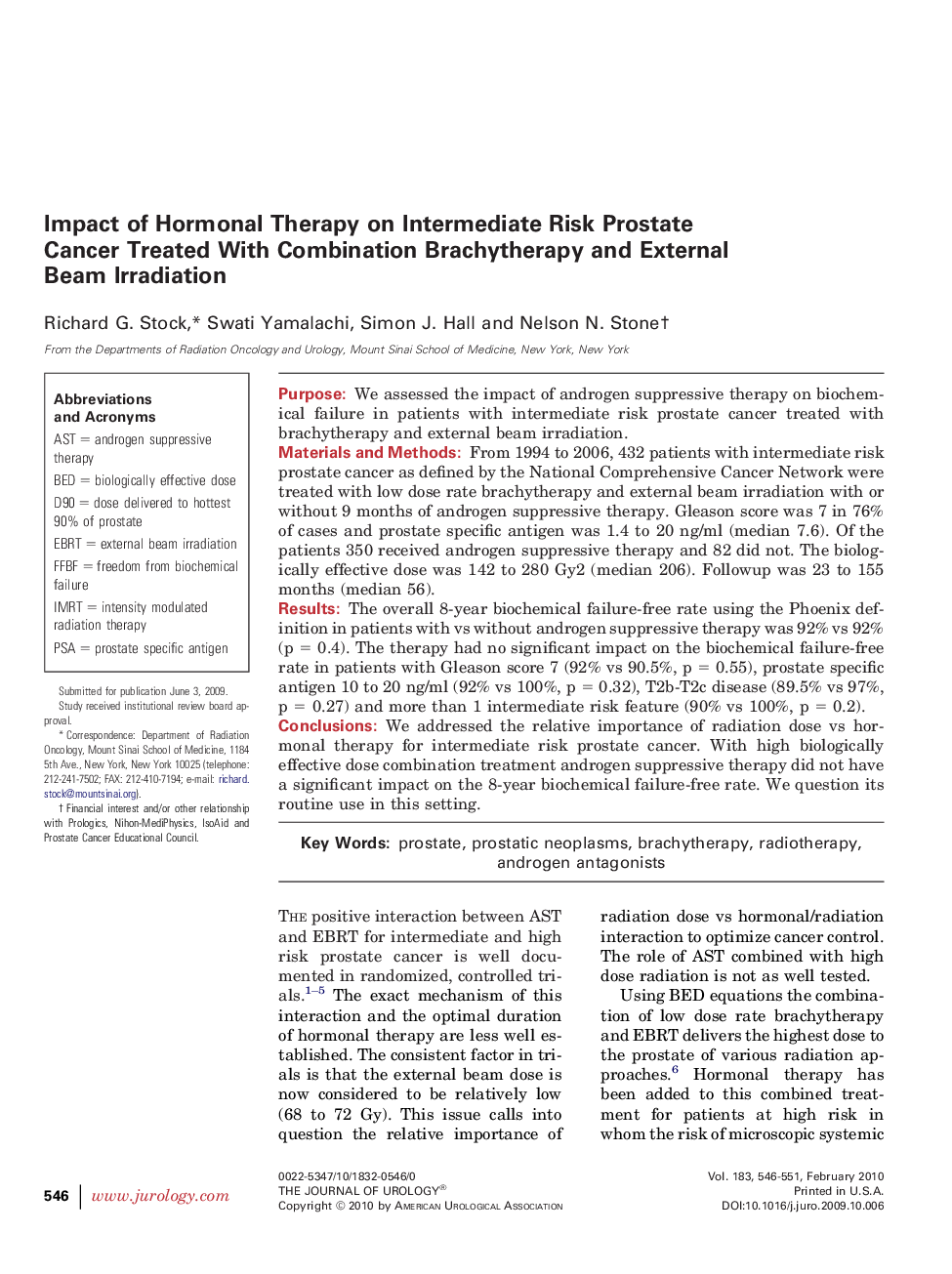 Impact of Hormonal Therapy on Intermediate Risk Prostate Cancer Treated With Combination Brachytherapy and External Beam Irradiation