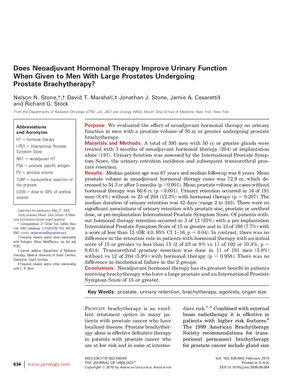 Does Neoadjuvant Hormonal Therapy Improve Urinary Function When Given to Men With Large Prostates Undergoing Prostate Brachytherapy? 