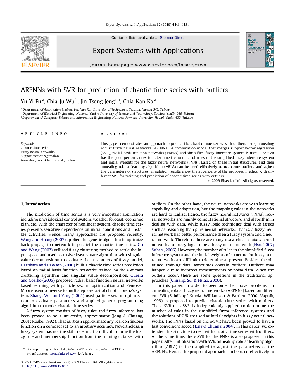 ARFNNs with SVR for prediction of chaotic time series with outliers