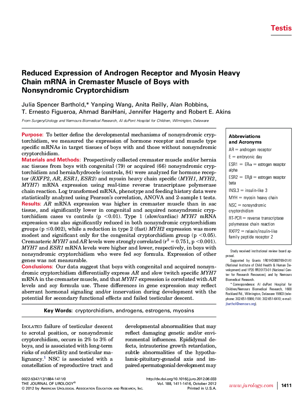 Reduced Expression of Androgen Receptor and Myosin Heavy Chain mRNA in Cremaster Muscle of Boys with Nonsyndromic Cryptorchidism 