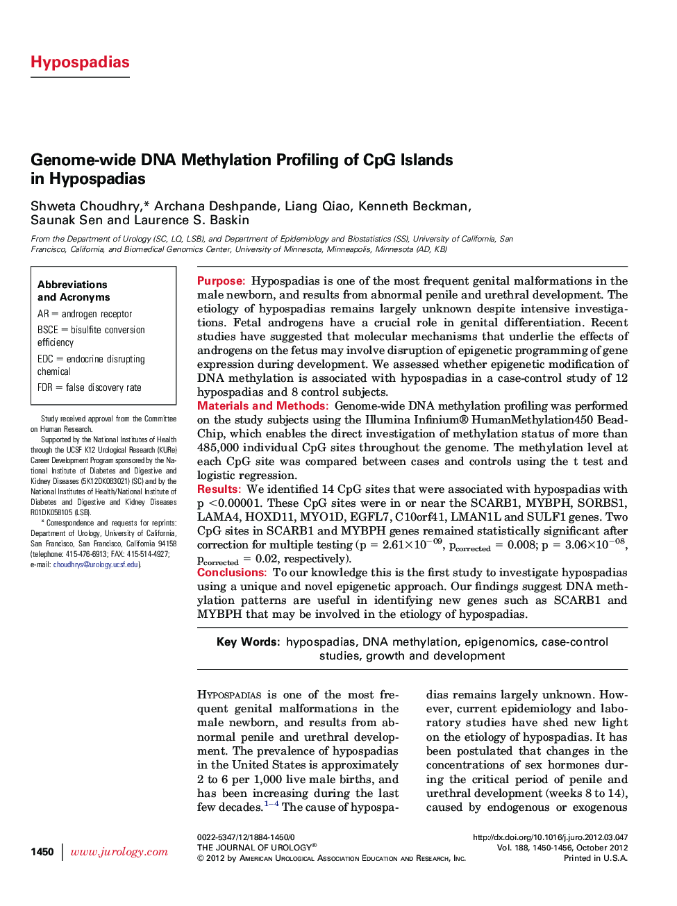 Genome-wide DNA Methylation Profiling of CpG Islands in Hypospadias 