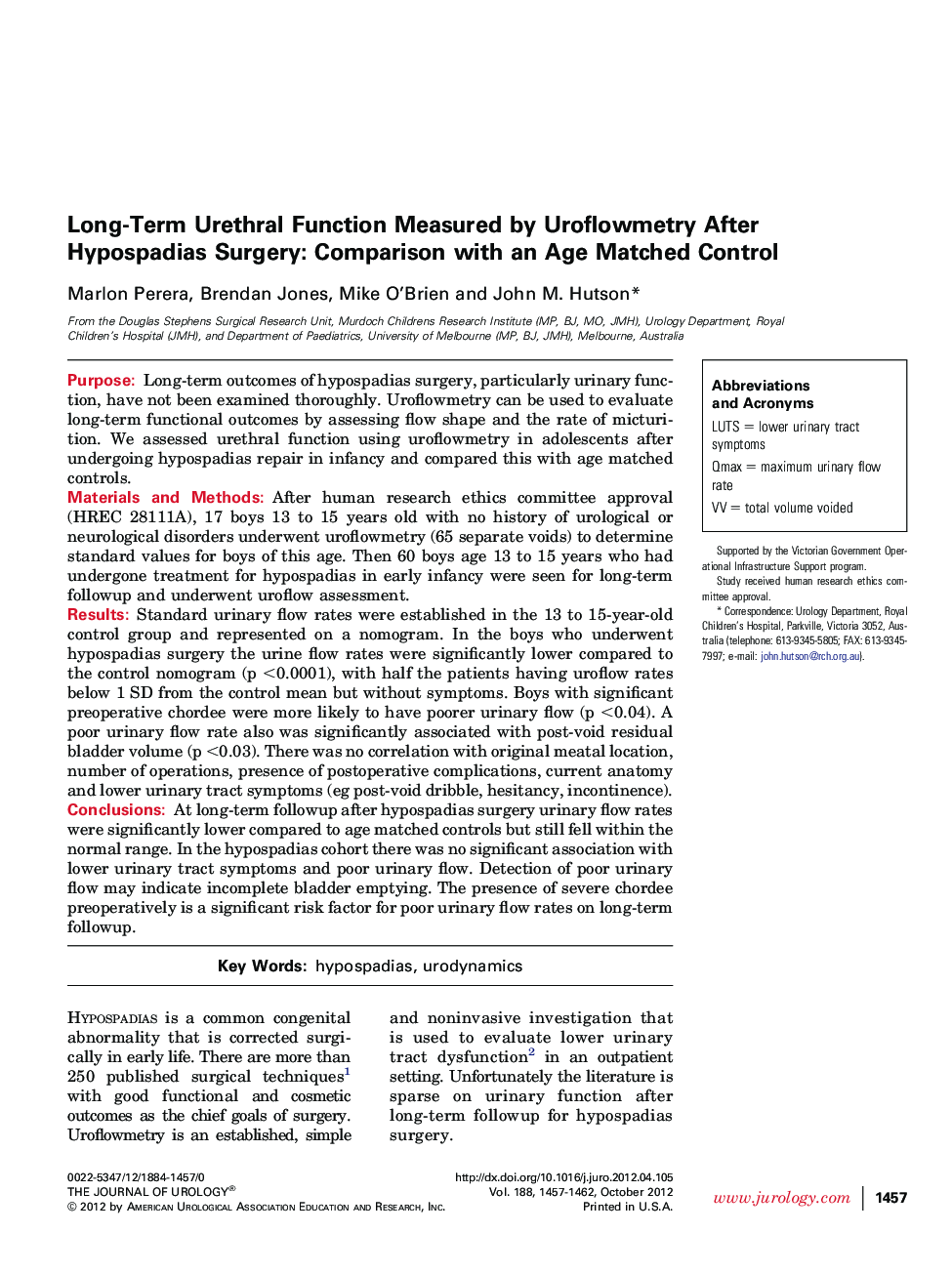 Long-Term Urethral Function Measured by Uroflowmetry After Hypospadias Surgery: Comparison with an Age Matched Control 