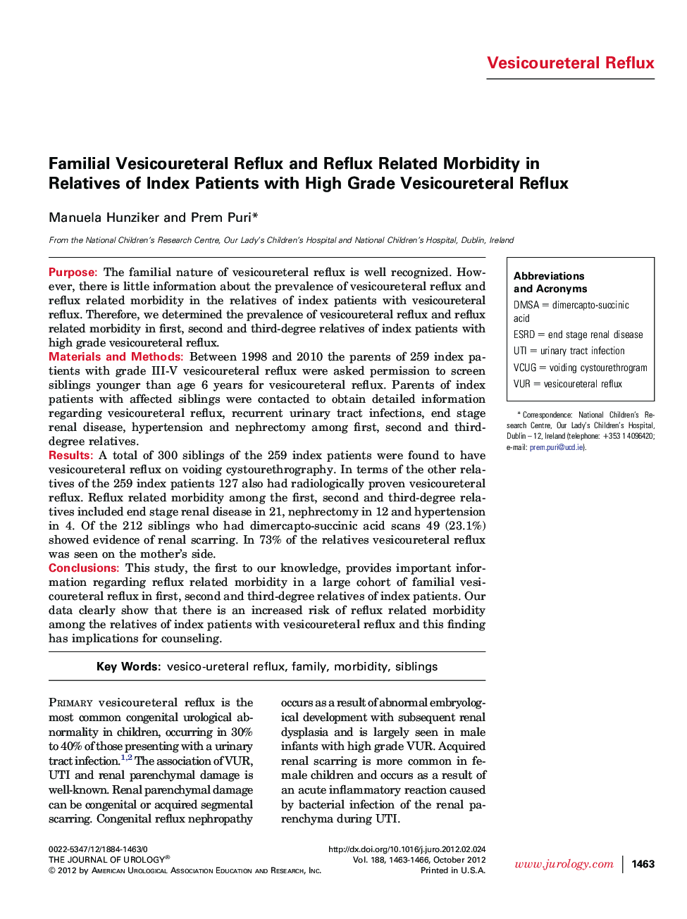 Familial Vesicoureteral Reflux and Reflux Related Morbidity in Relatives of Index Patients with High Grade Vesicoureteral Reflux