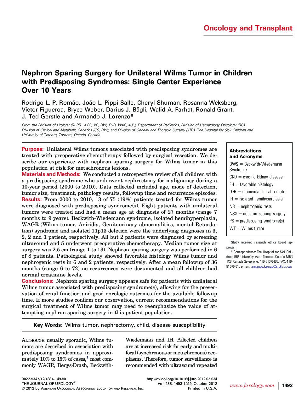 Nephron Sparing Surgery for Unilateral Wilms Tumor in Children with Predisposing Syndromes: Single Center Experience Over 10 Years