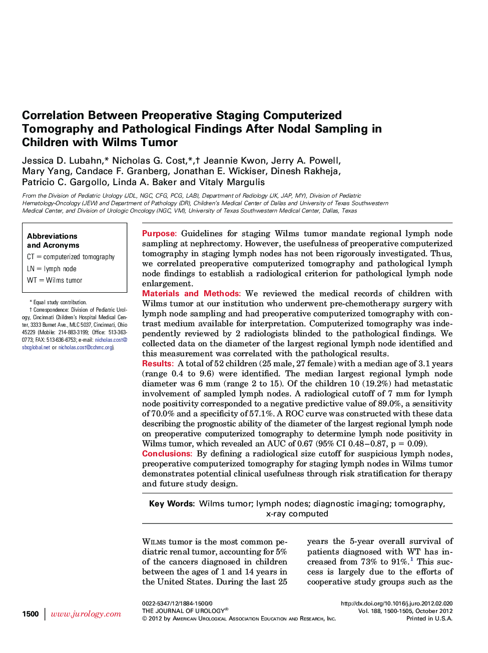 Correlation Between Preoperative Staging Computerized Tomography and Pathological Findings After Nodal Sampling in Children with Wilms Tumor