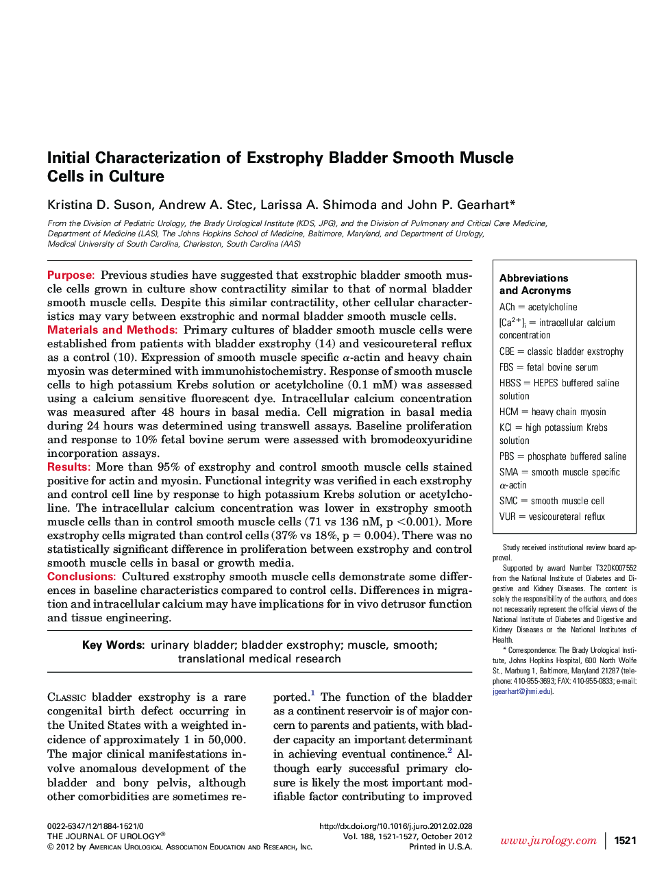 Initial Characterization of Exstrophy Bladder Smooth Muscle Cells in Culture