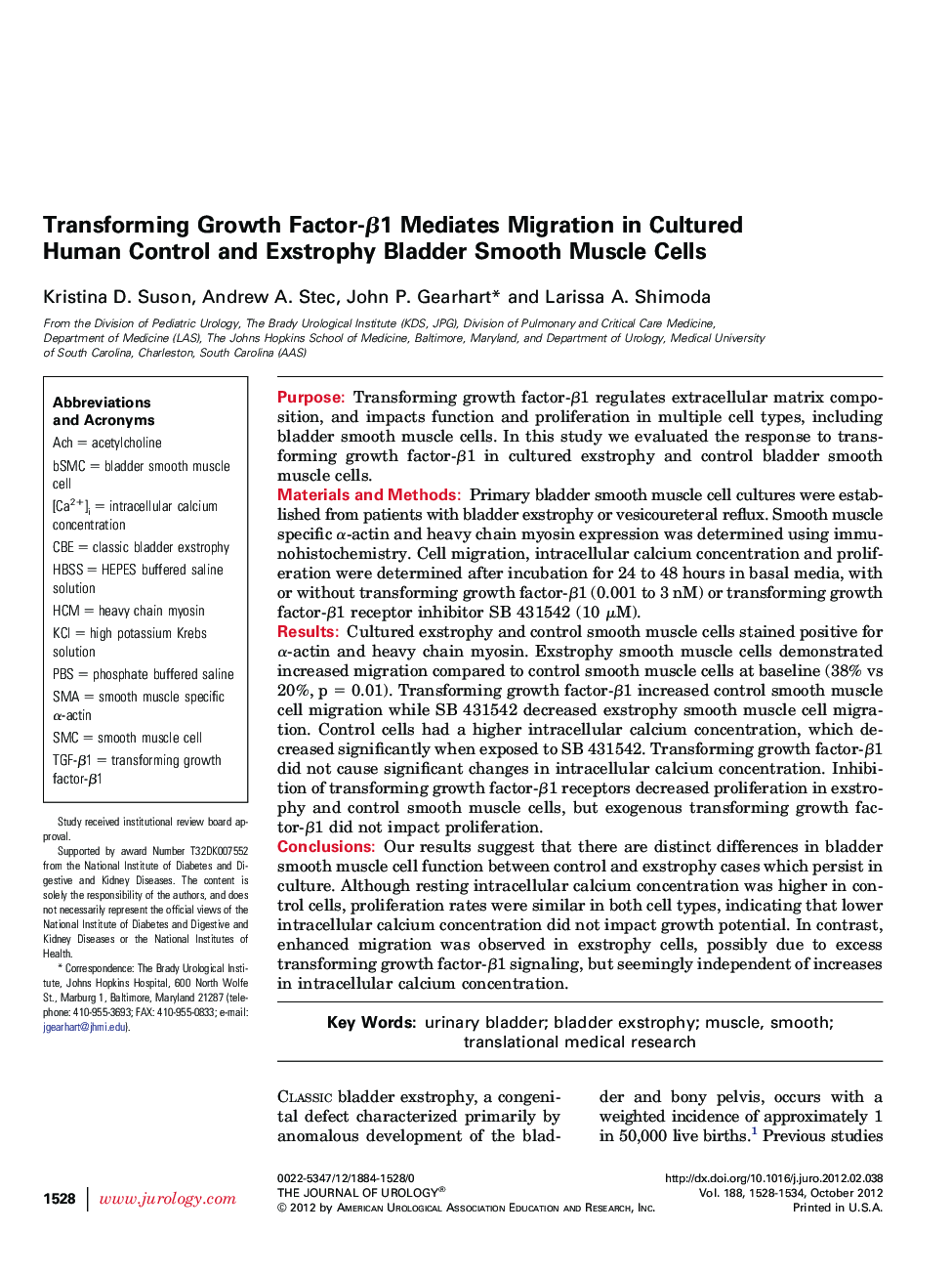 Transforming Growth Factor-Î²1 Mediates Migration in Cultured Human Control and Exstrophy Bladder Smooth Muscle Cells