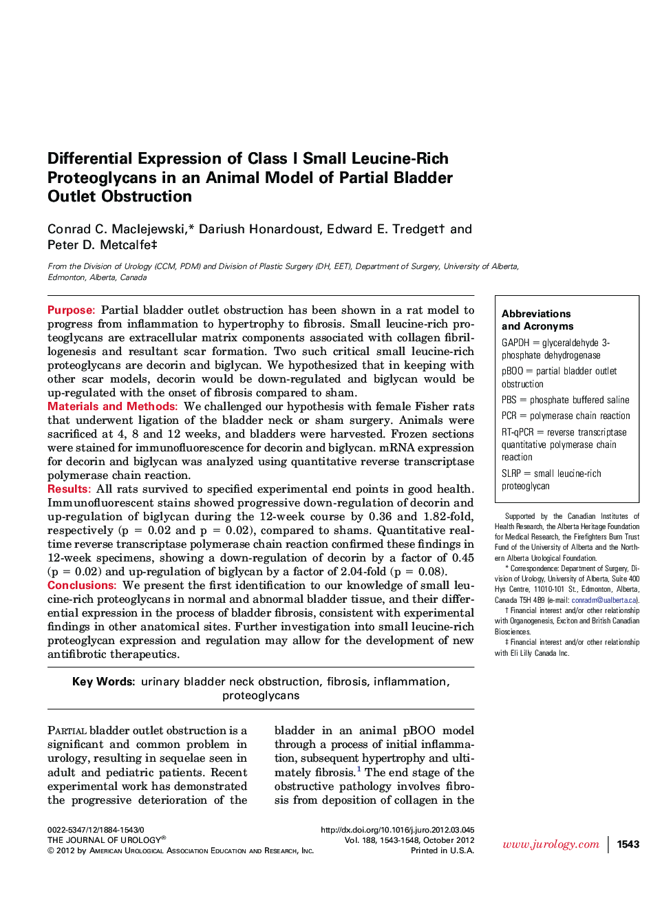 Differential Expression of Class I Small Leucine-Rich Proteoglycans in an Animal Model of Partial Bladder Outlet Obstruction