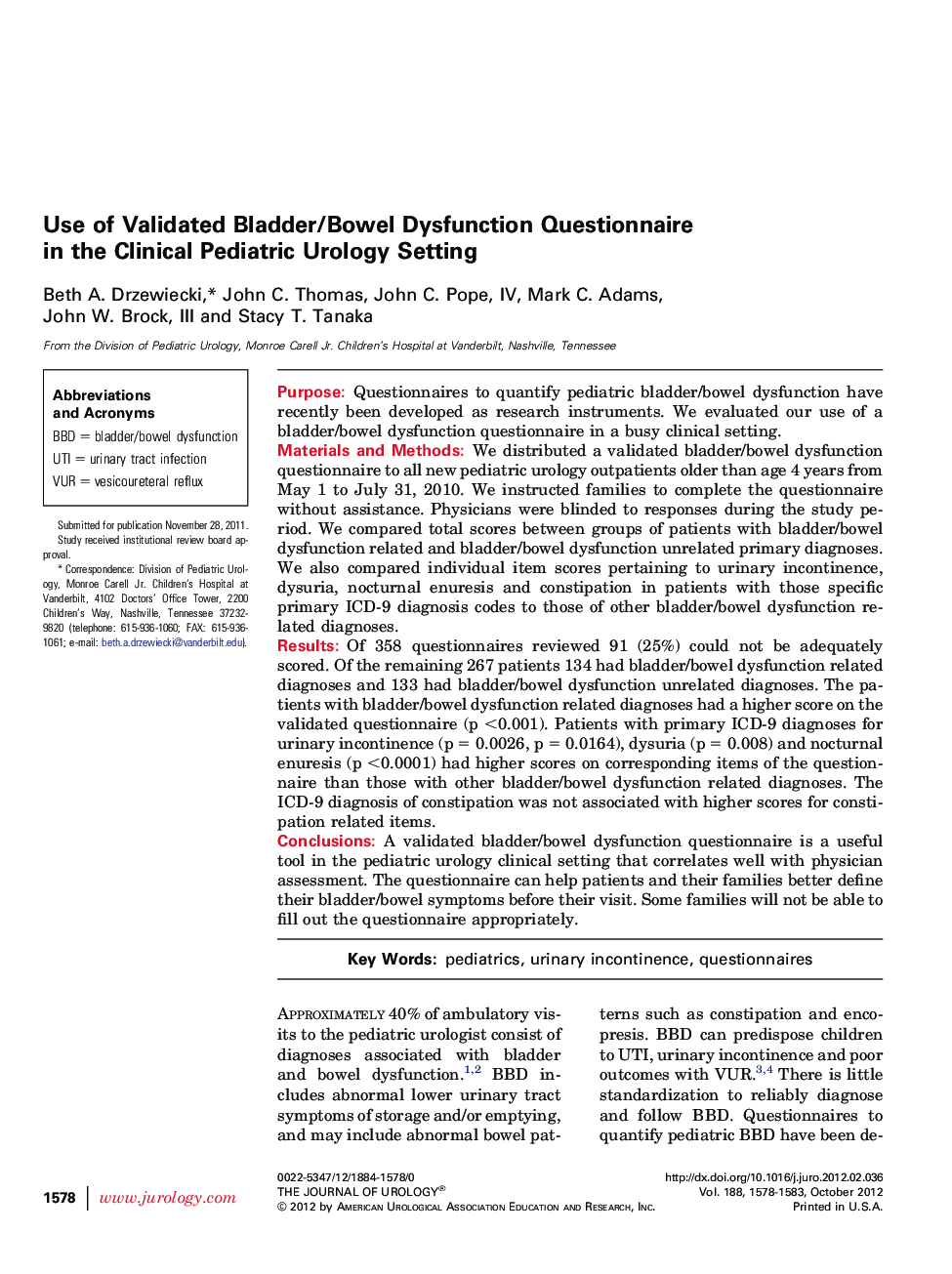 Use of Validated Bladder/Bowel Dysfunction Questionnaire in the Clinical Pediatric Urology Setting 