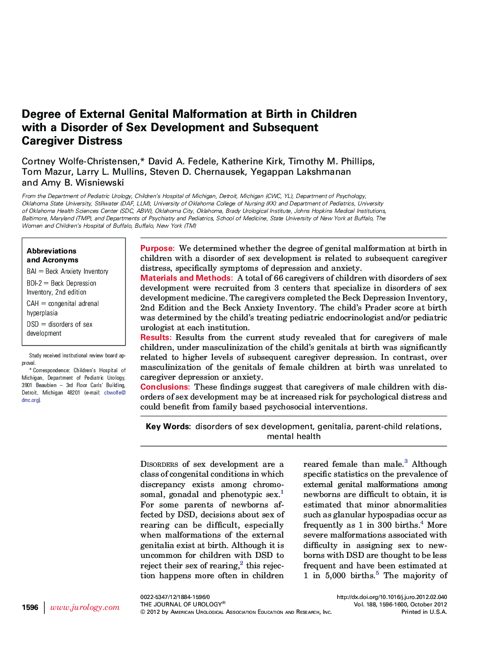 Degree of External Genital Malformation at Birth in Children with a Disorder of Sex Development and Subsequent Caregiver Distress 