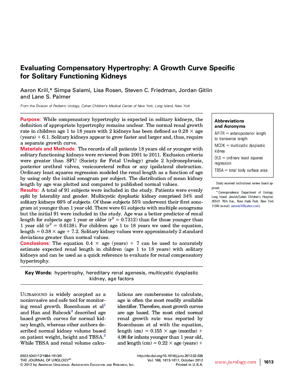 Evaluating Compensatory Hypertrophy: A Growth Curve Specific for Solitary Functioning Kidneys