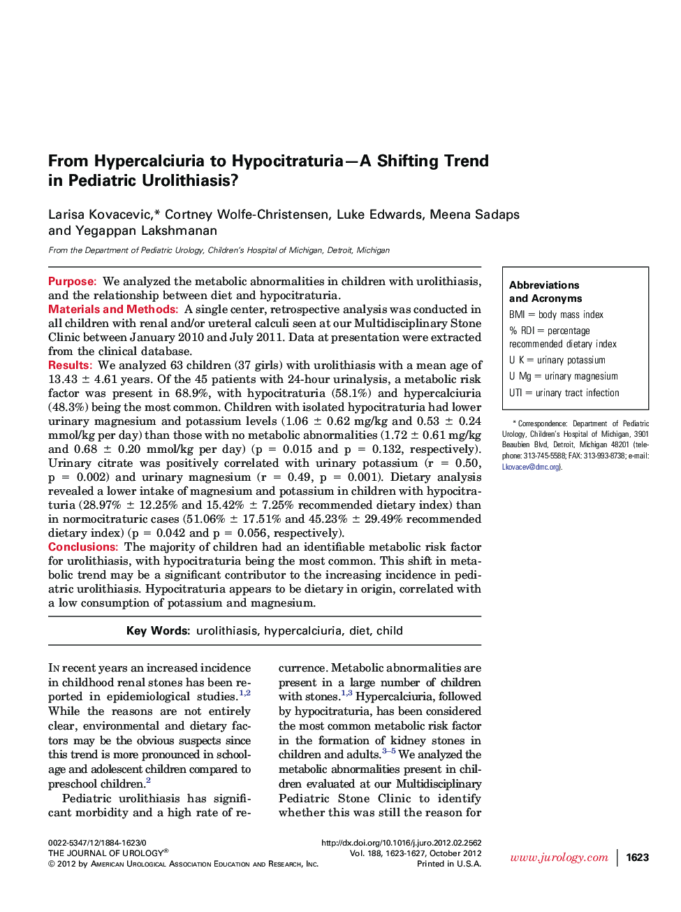 From Hypercalciuria to Hypocitraturia—A Shifting Trend in Pediatric Urolithiasis?
