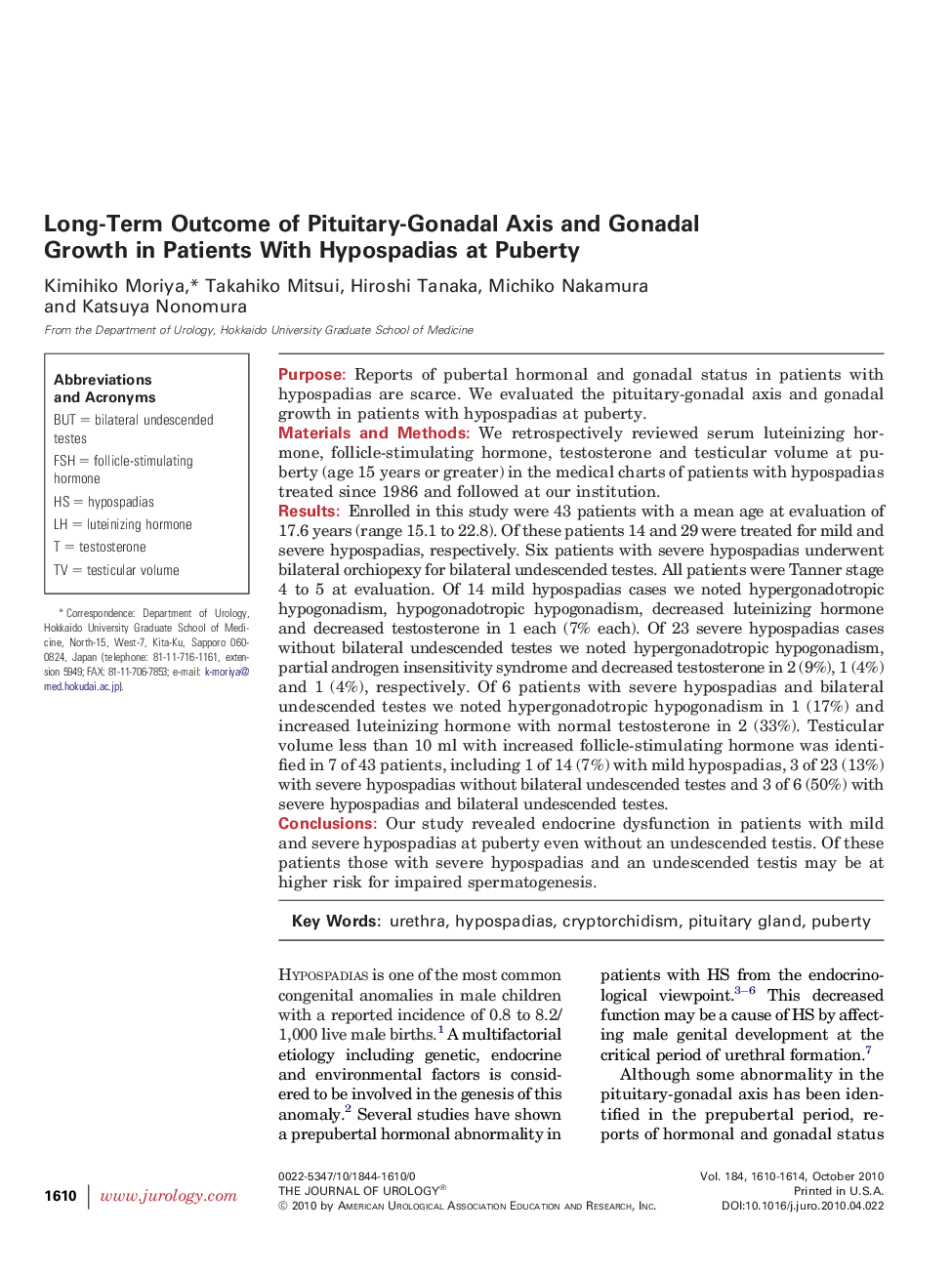 Long-Term Outcome of Pituitary-Gonadal Axis and Gonadal Growth in Patients With Hypospadias at Puberty