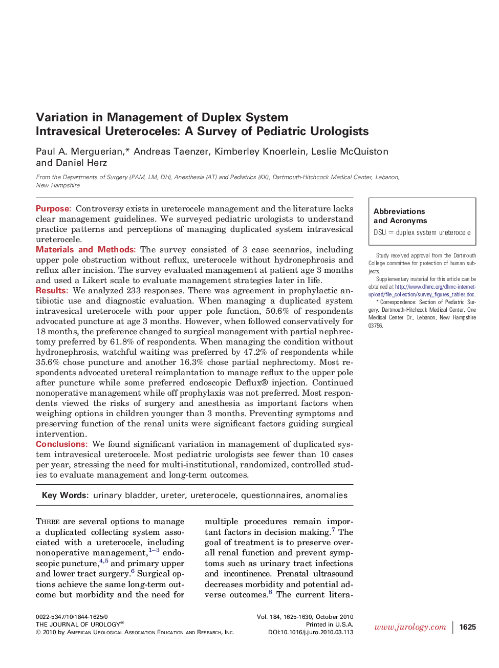 Variation in Management of Duplex System Intravesical Ureteroceles: A Survey of Pediatric Urologists