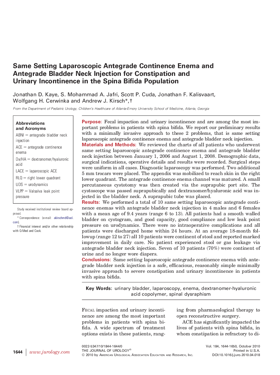 Same Setting Laparoscopic Antegrade Continence Enema and Antegrade Bladder Neck Injection for Constipation and Urinary Incontinence in the Spina Bifida Population 