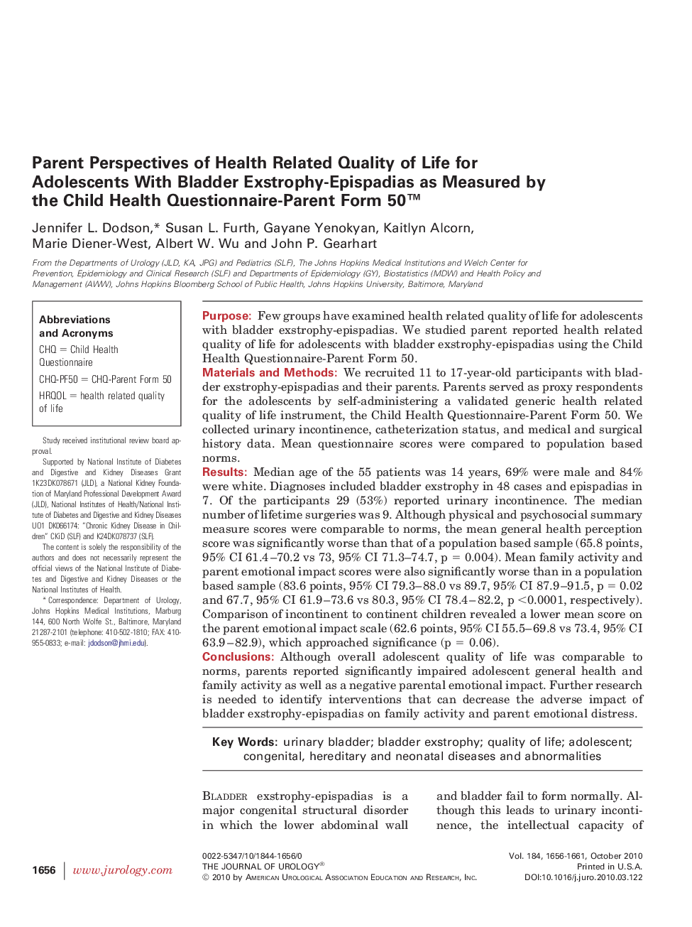 Parent Perspectives of Health Related Quality of Life for Adolescents With Bladder Exstrophy-Epispadias as Measured by the Child Health Questionnaire-Parent Form 50™ 