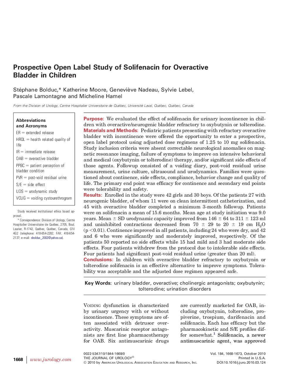 Prospective Open Label Study of Solifenacin for Overactive Bladder in Children