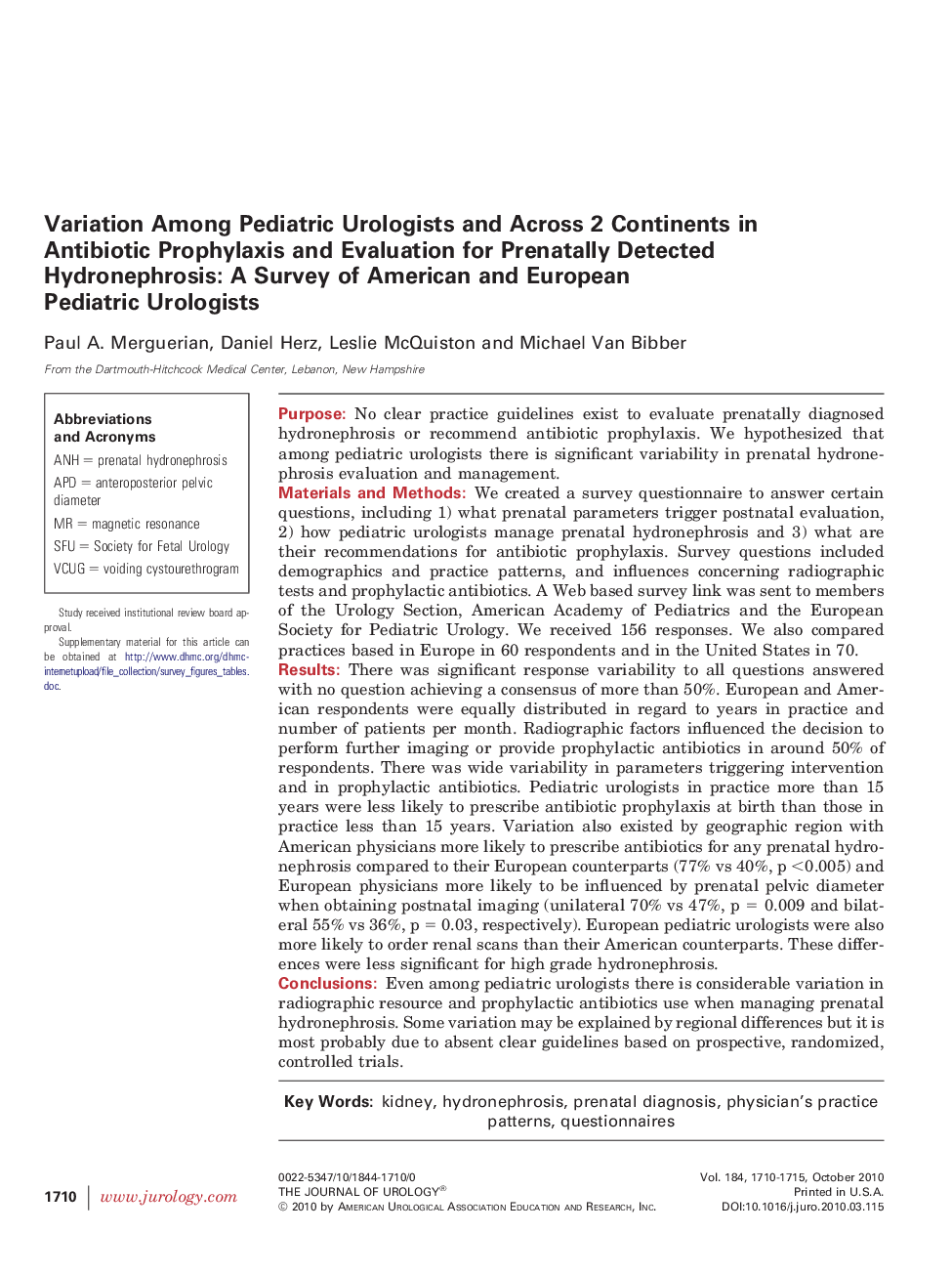 Variation Among Pediatric Urologists and Across 2 Continents in Antibiotic Prophylaxis and Evaluation for Prenatally Detected Hydronephrosis: A Survey of American and European Pediatric Urologists 