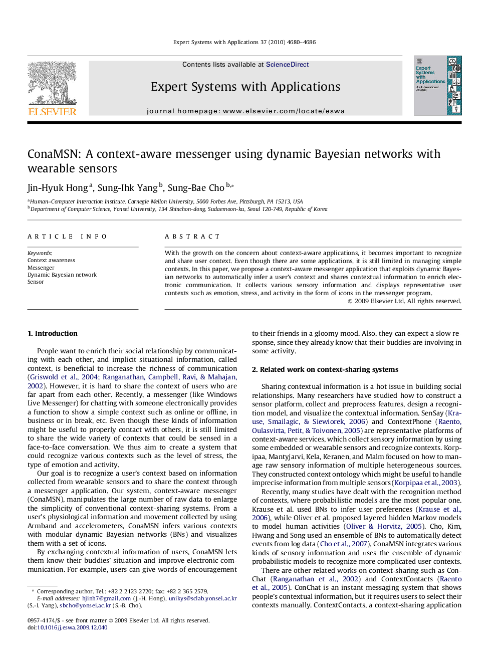 ConaMSN: A context-aware messenger using dynamic Bayesian networks with wearable sensors