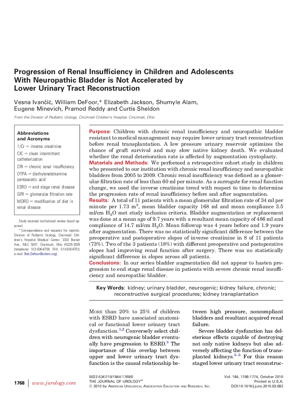 Progression of Renal Insufficiency in Children and Adolescents With Neuropathic Bladder is Not Accelerated by Lower Urinary Tract Reconstruction