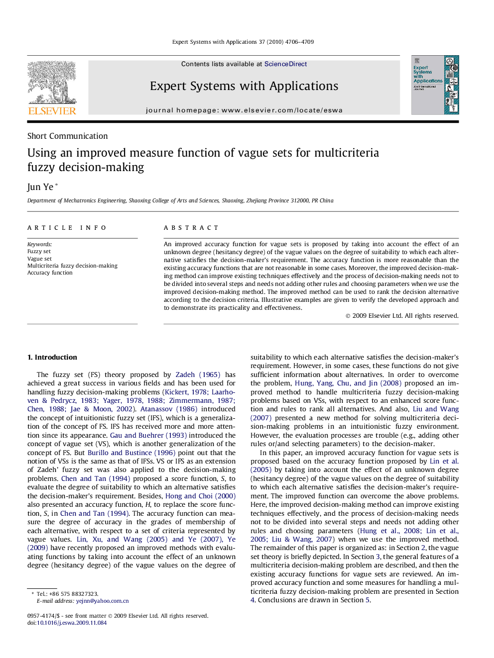 Using an improved measure function of vague sets for multicriteria fuzzy decision-making