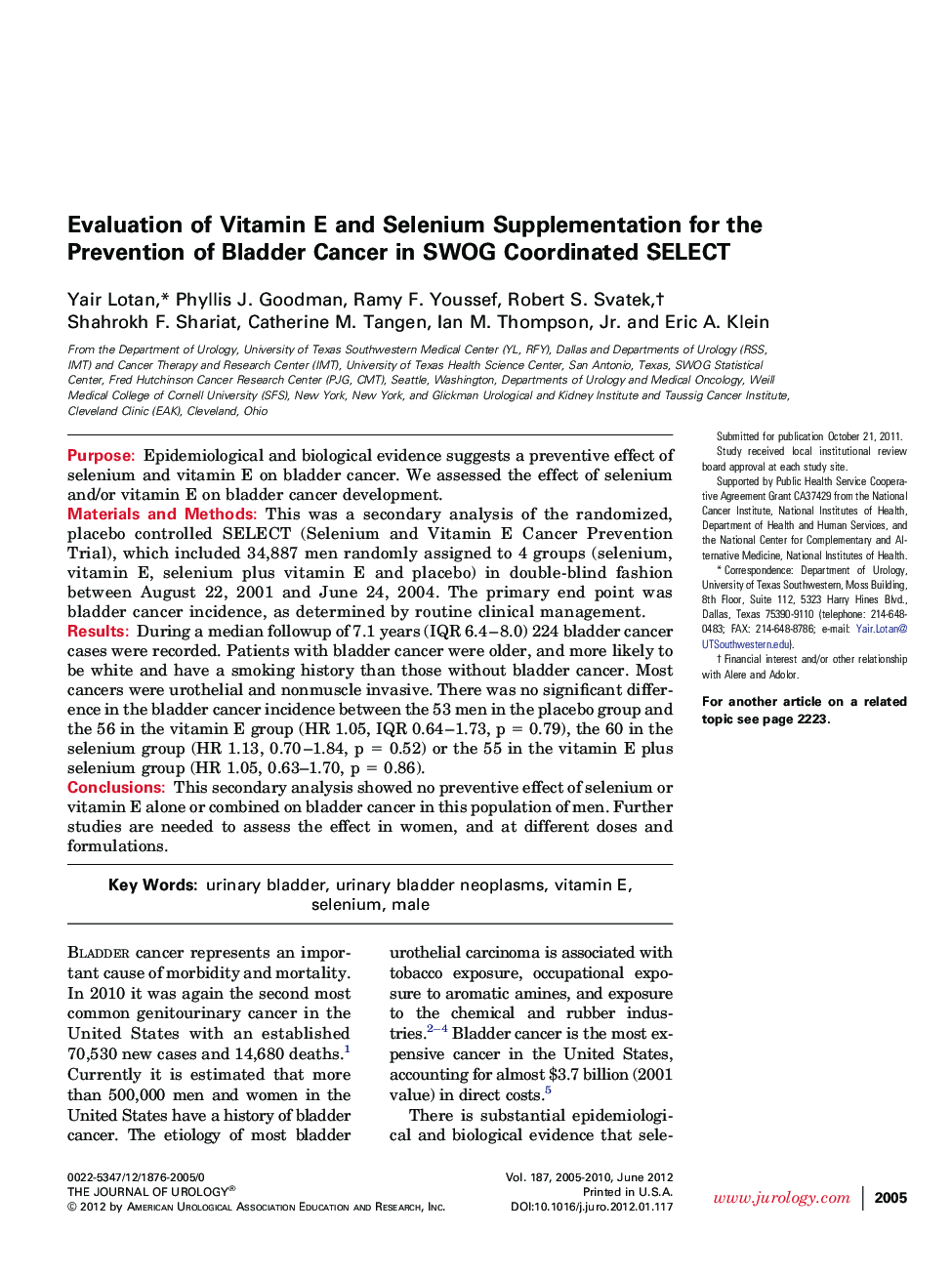 عکس صفحه اول مقاله: Evaluation of Vitamin E and Selenium Supplementation for the Prevention of Bladder Cancer in SWOG Coordinated SELECT Evaluation of Vitamin E and Selenium Supplementation for the Prevention of Bladder Cancer in SWOG Coordinated SELECT