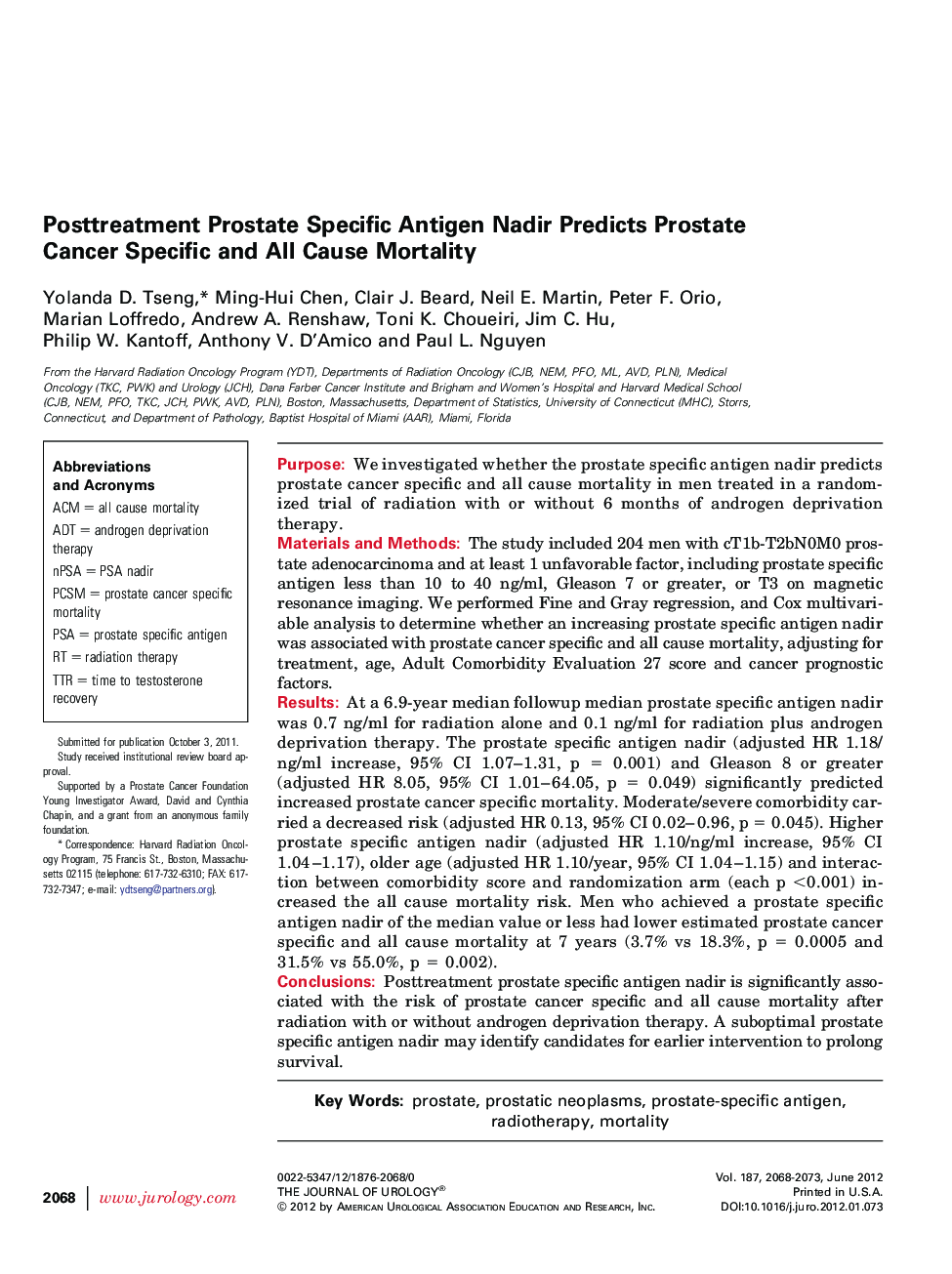 Posttreatment Prostate Specific Antigen Nadir Predicts Prostate Cancer Specific and All Cause Mortality 