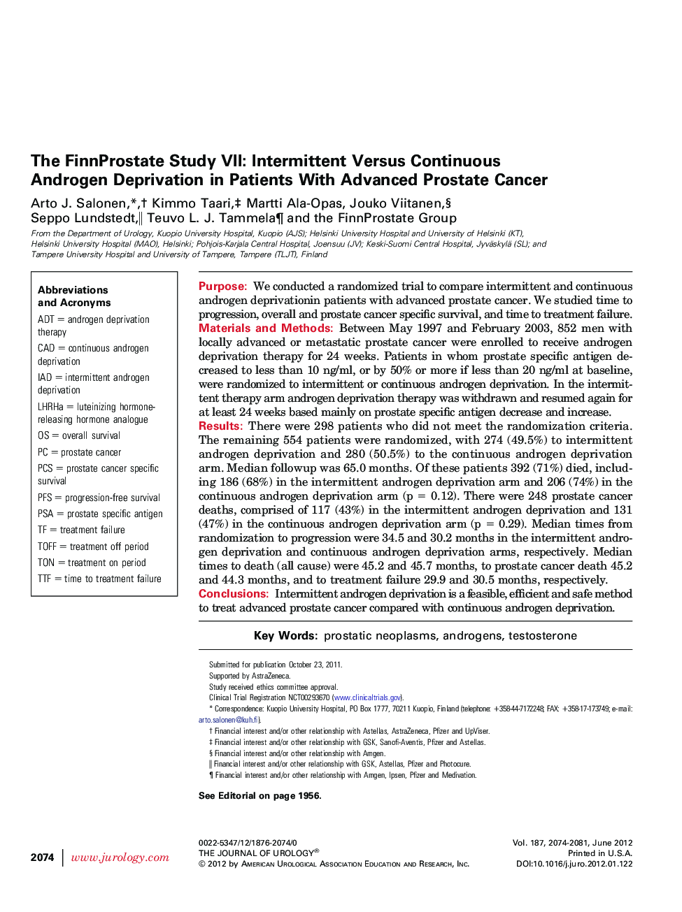 The FinnProstate Study VII: Intermittent Versus Continuous Androgen Deprivation in Patients With Advanced Prostate Cancer