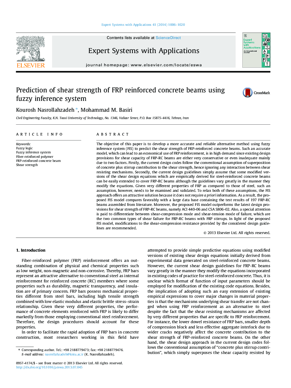 Prediction of shear strength of FRP reinforced concrete beams using fuzzy inference system