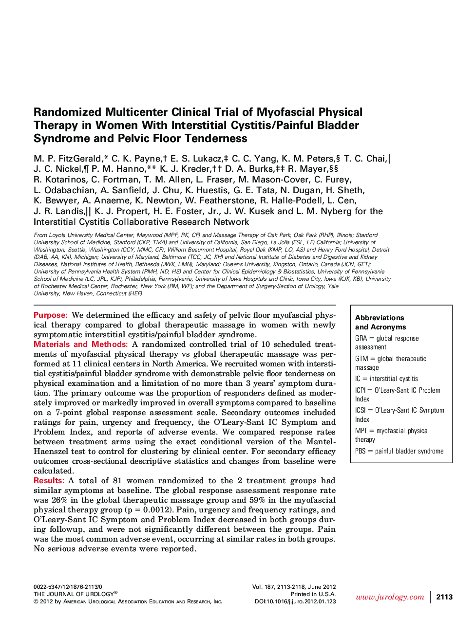 Randomized Multicenter Clinical Trial of Myofascial Physical Therapy in Women With Interstitial Cystitis/Painful Bladder Syndrome and Pelvic Floor Tenderness 