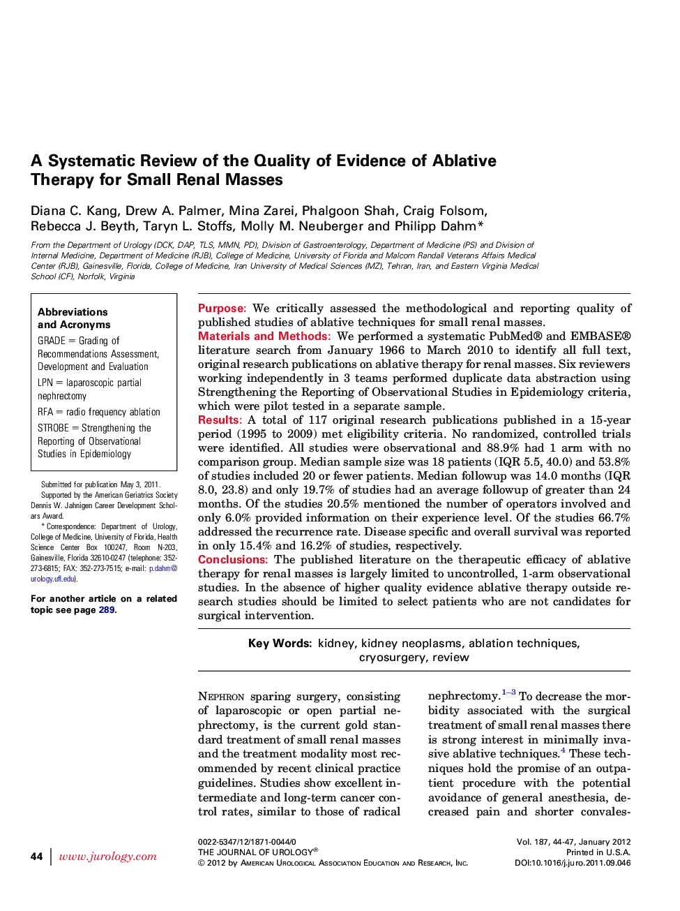 A Systematic Review of the Quality of Evidence of Ablative Therapy for Small Renal Masses