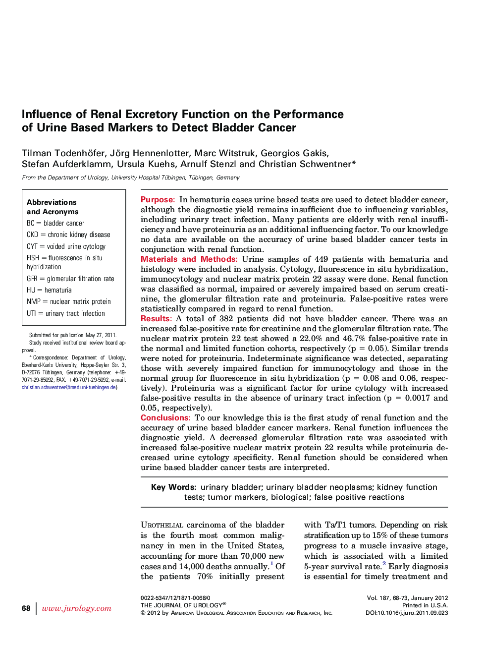 Influence of Renal Excretory Function on the Performance of Urine Based Markers to Detect Bladder Cancer