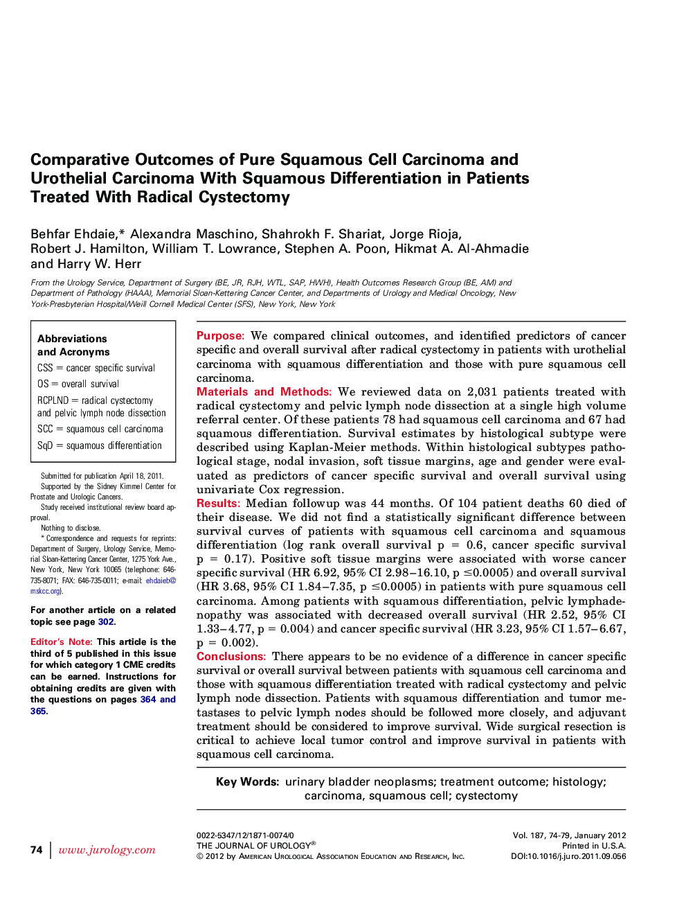 Comparative Outcomes of Pure Squamous Cell Carcinoma and Urothelial Carcinoma With Squamous Differentiation in Patients Treated With Radical Cystectomy 