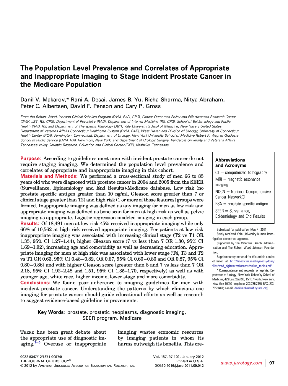 The Population Level Prevalence and Correlates of Appropriate and Inappropriate Imaging to Stage Incident Prostate Cancer in the Medicare Population