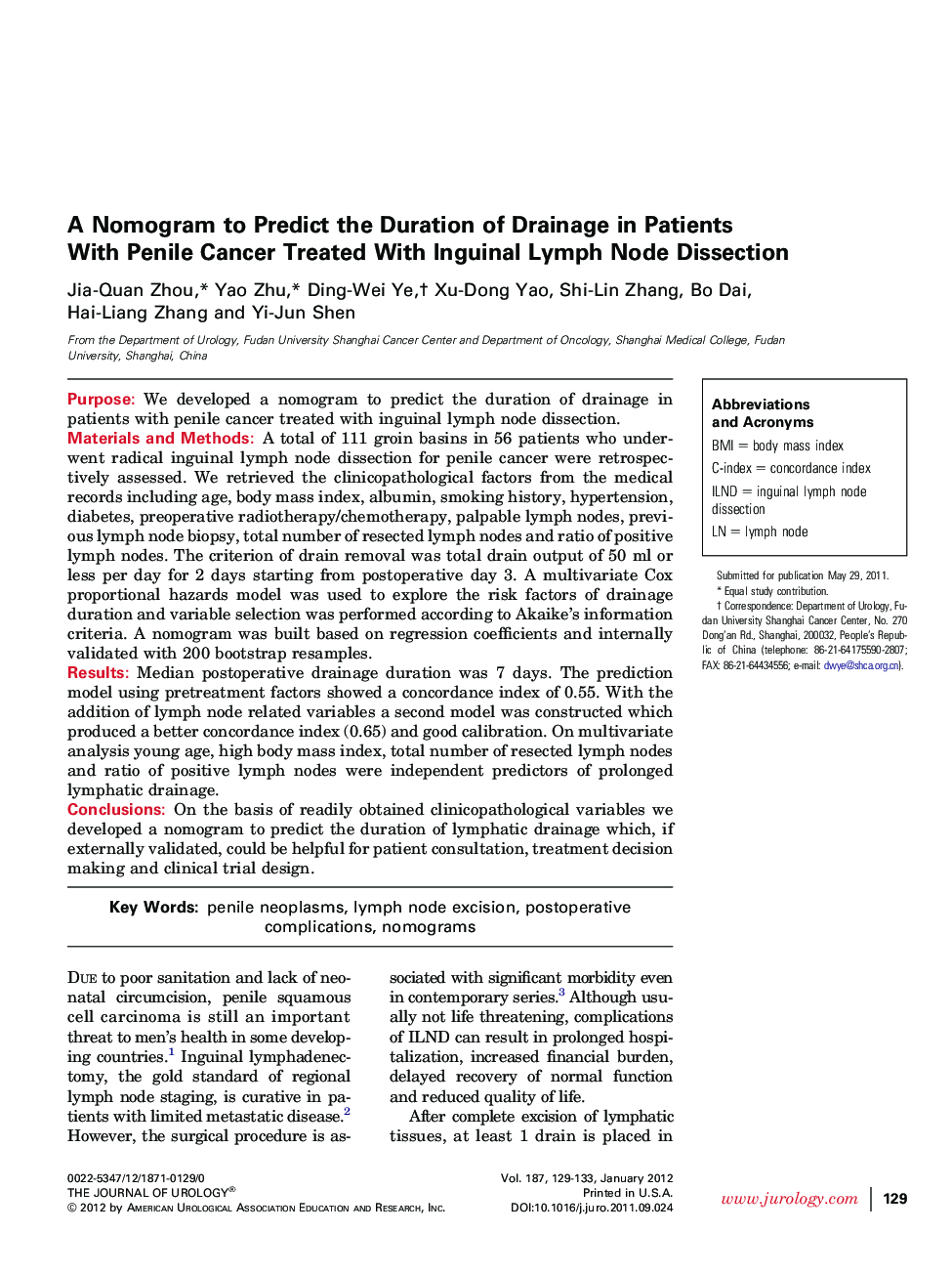 A Nomogram to Predict the Duration of Drainage in Patients With Penile Cancer Treated With Inguinal Lymph Node Dissection